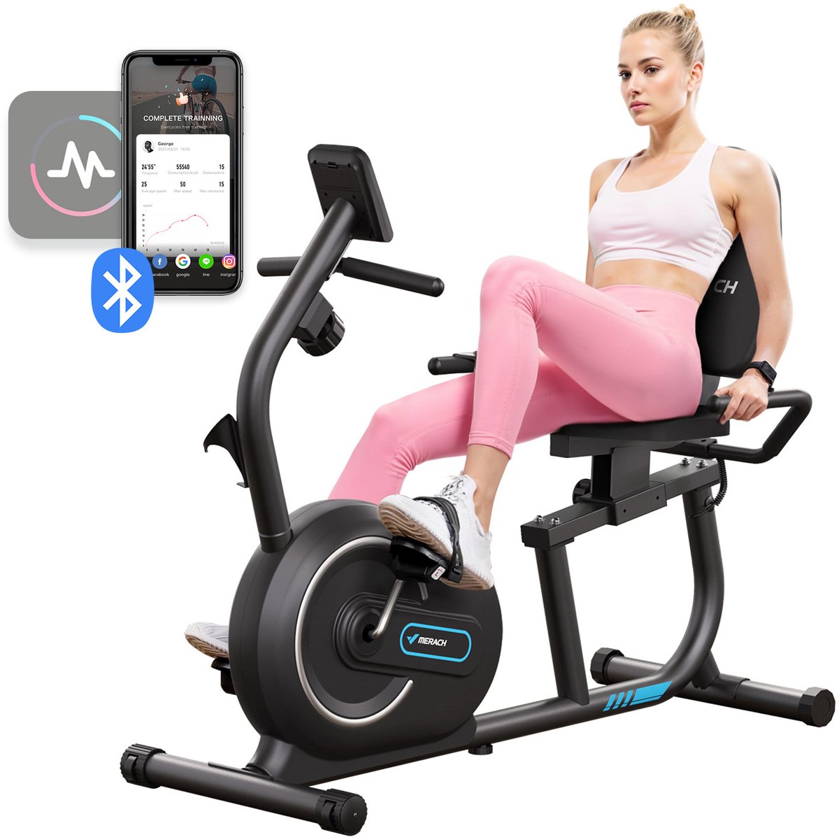 MERACH Semi-Ligfiets Hometrainer - 8 Niveaus Magnetische Weerstand - LCD-scherm - Hartfrequentie Handvatten