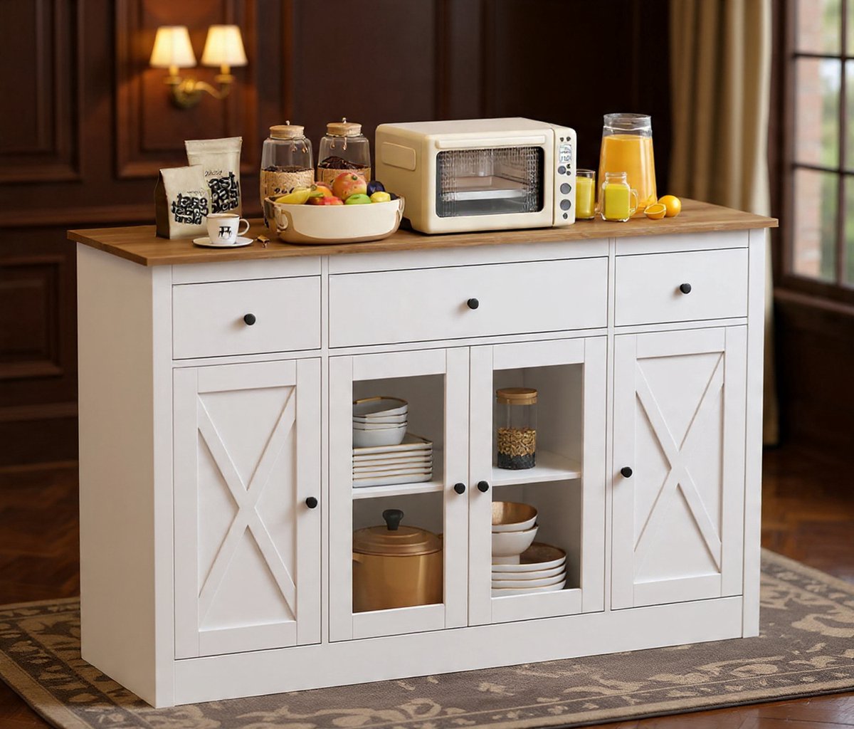 Sideboard, 140 cm, keukenkast met 3 laden, 2 glazen deuren en verstelbare planken, buffetkast, keukenbuffet, landelijke stijl, opbergkast voor keuken, eetkamer, hout (wit)-NoviHome