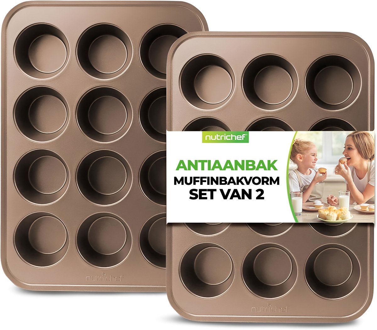 NutriChef Muffin bakvorm – 12 Cups – Set van 2 – Antiaanbak – Voor Cupcakes en Muffins – Stapelbaar – Vaatwasserbestendig – Goudkleurig