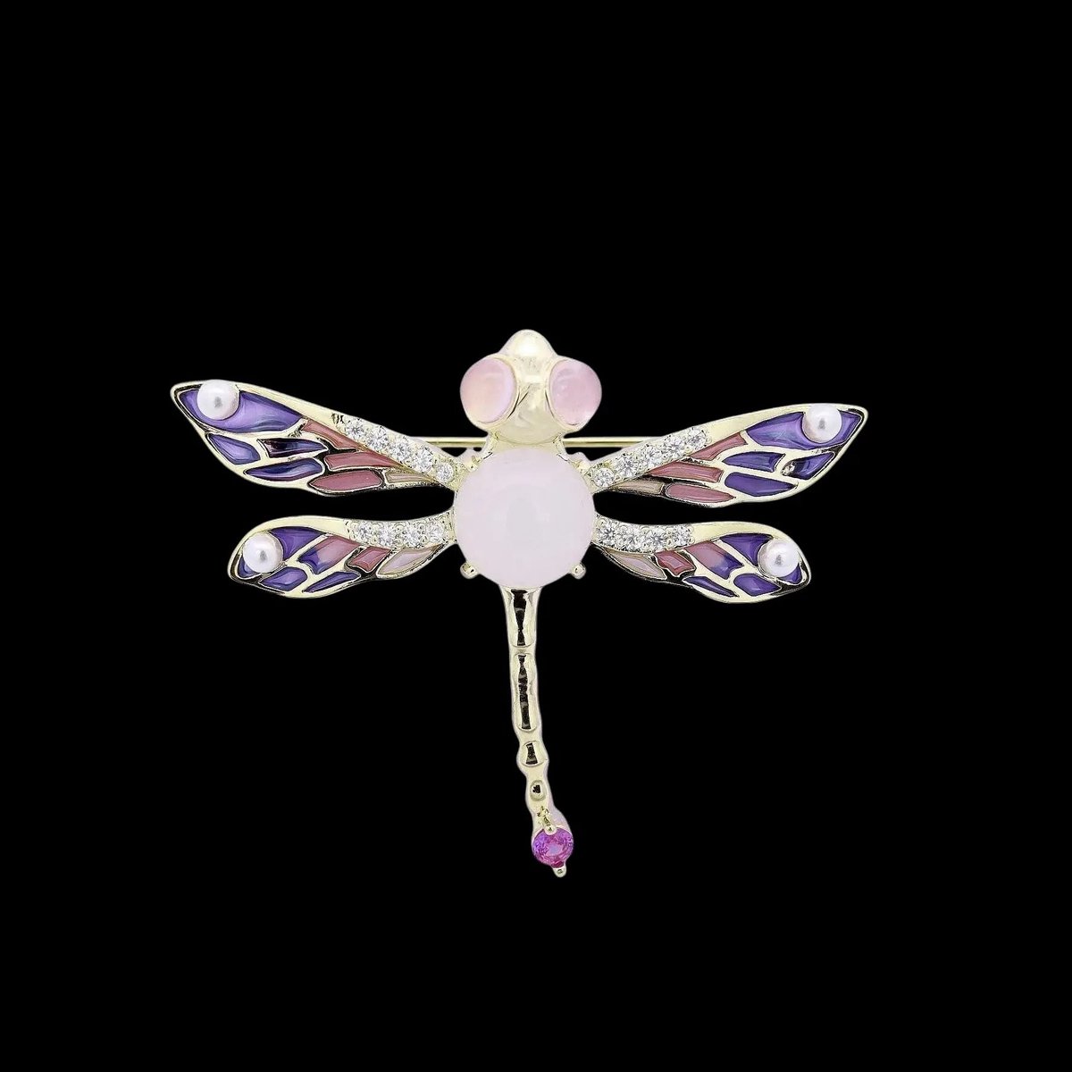 Victoria Valenza Goudkleurige Libelle Broche en Hanger met Emaille, Parels en Zirkonia Stenen - Broche - Goudkleurig - Libelle broche - Zirkonia