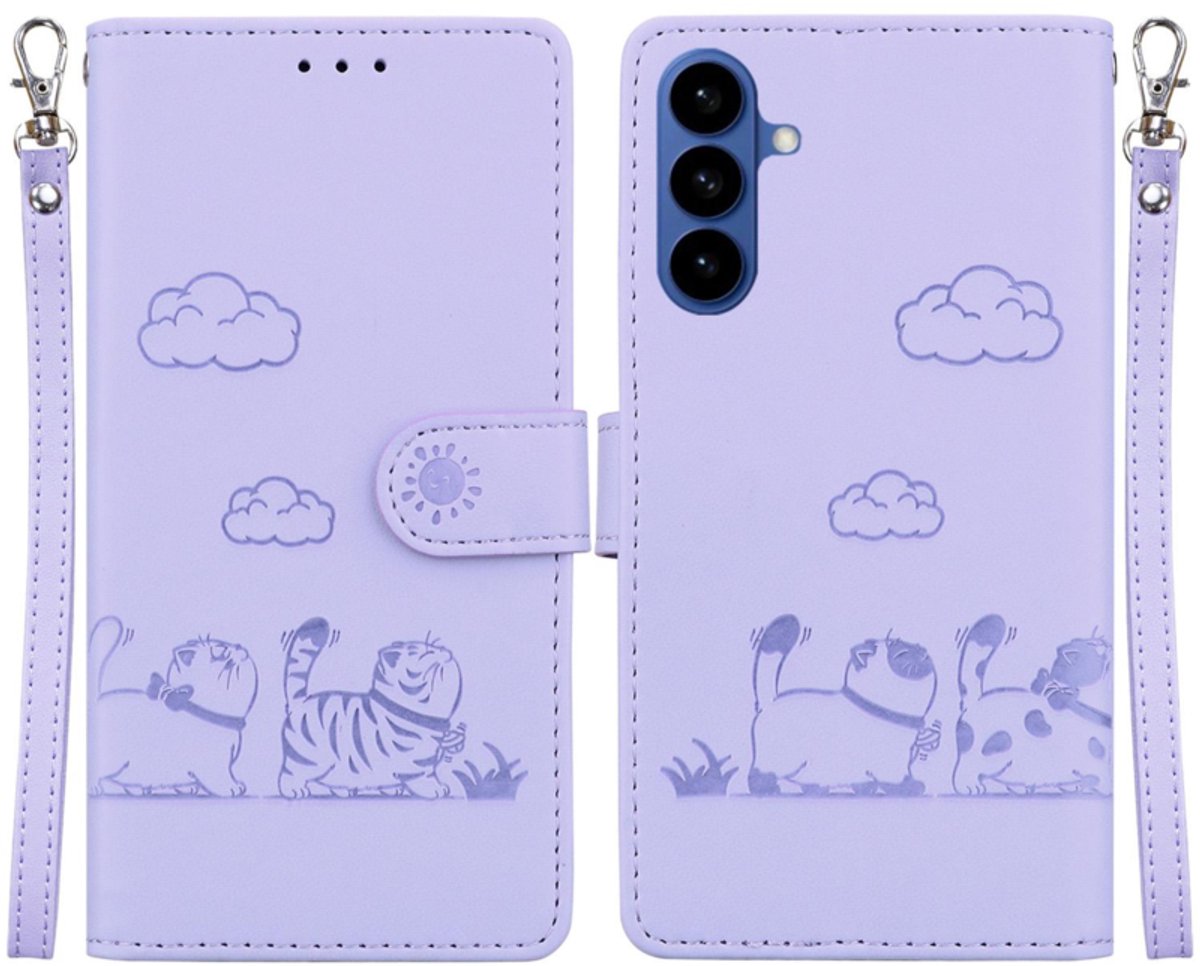 BookCover Hoes Etui geschikt voor Samsung Galaxy S26 - Cartoon Cats - Kat - Paars - Reliëf