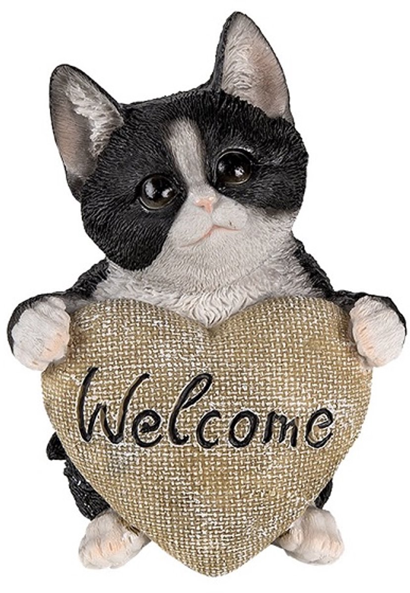 Een decoratieve kunststof kat met een hart waar welkom op staat 12x9x15cm. Deze lieve poes