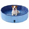 Een zittende Jack Russell in een lichtblauw, achthoekig hondenbad met water.