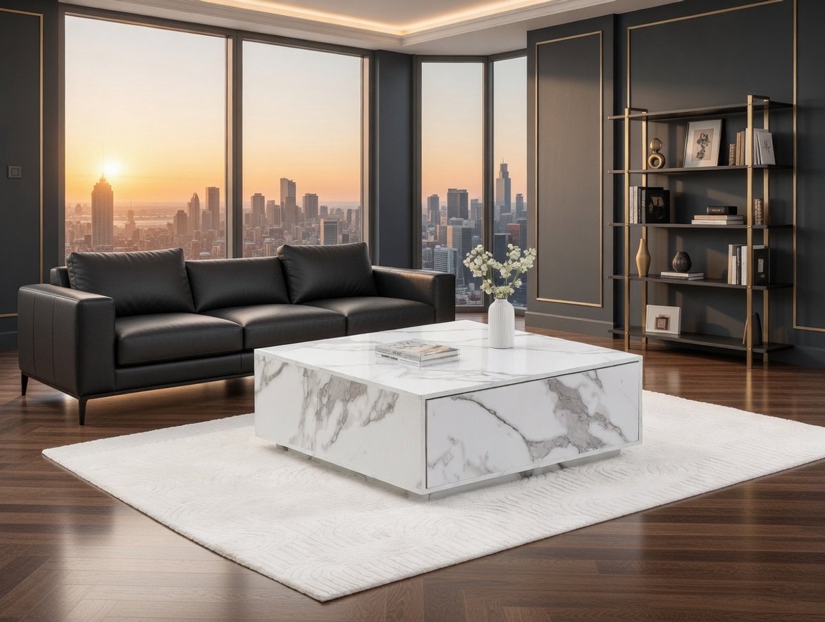 NeroLux Design Salontafel met 2 Push-to-Open Lades – Moderne Marmerlook Witte MDF Salontafel 90x90x35 cm-NoviHome