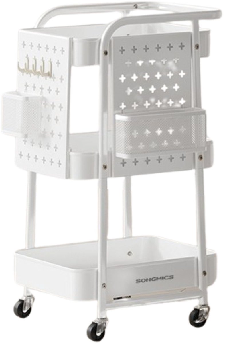 DoneMore® - keukentrolley - serveerwagen - met hangende manden en haken - wit staal - 49 x 32 x 74 cm - 4 kg