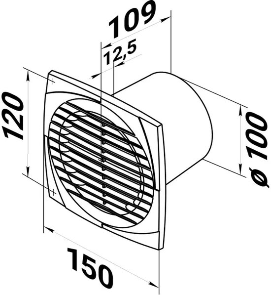 Isometrische technische tekening van een vierkante witte badkamerventilator met afmetingen.