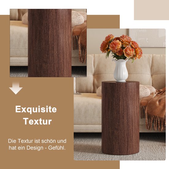 Detail van de walnoothouten bijzettafel, met "Exquisite Textur" en "Die Textur ist schön und hat ein Design - Gefühl.".