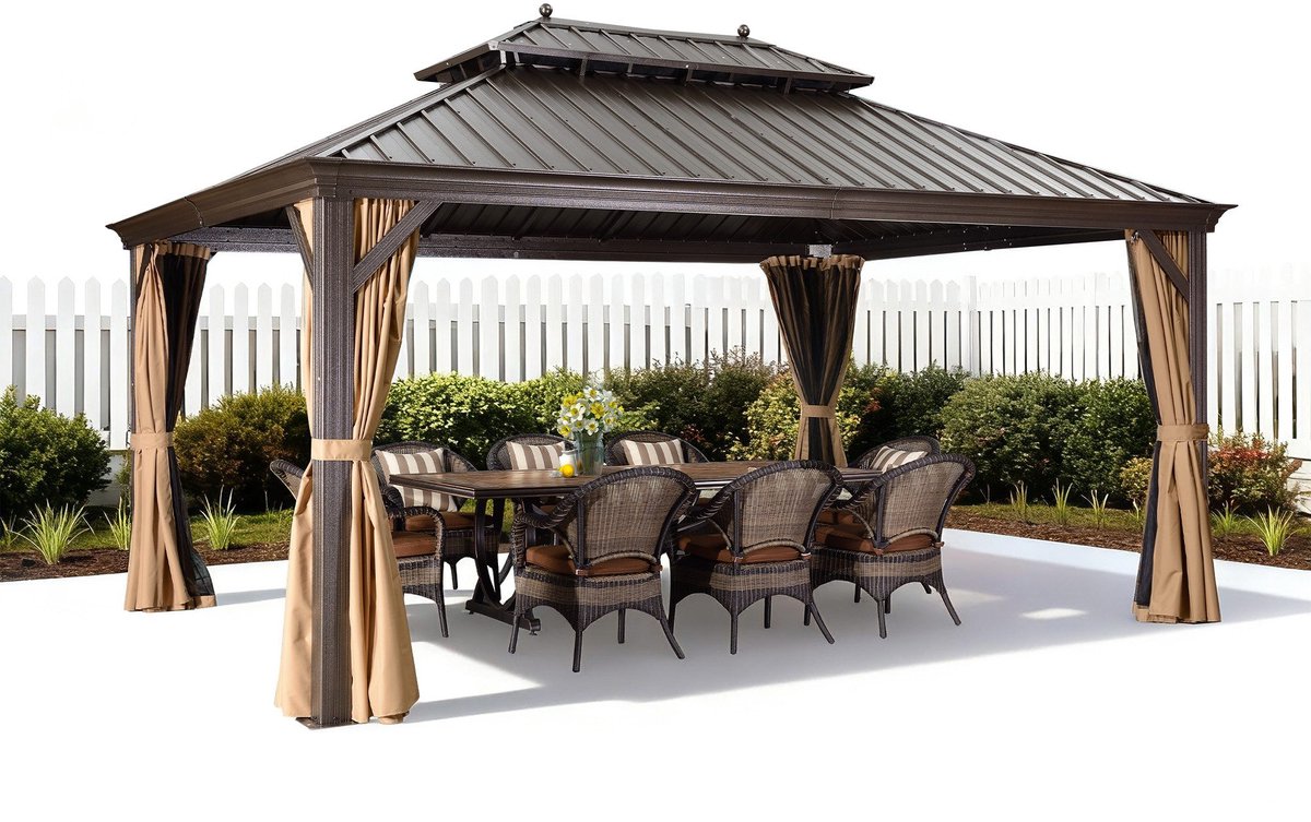 PURPLE LEAF Hardtop Aluminium Tuinpaviljoen – Dubbel dak – Hoogwaardige Gordijnen – Wind- en weerbestendig – Bronskleurig