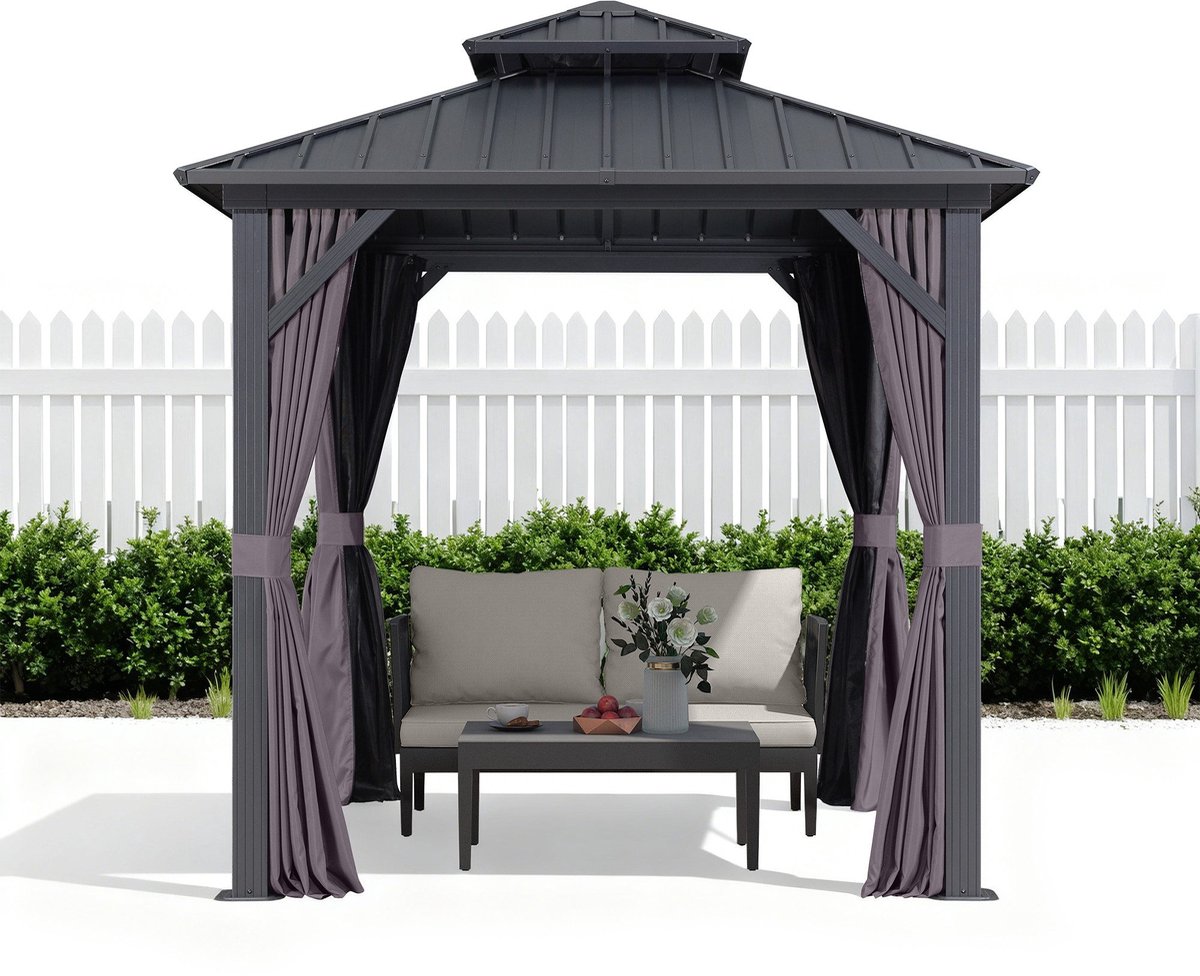 PURPLE LEAF Hardtop Aluminium Tuinpaviljoen – Dubbel dak – Hoogwaardige Gordijnen – Wind- en weerbestendig – Grijs