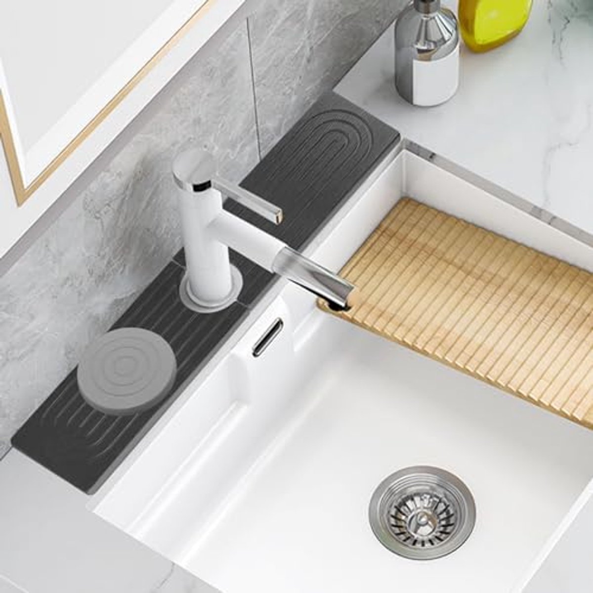Ultiluxe® Spoelbakmat - 2 Stuks - Afdruipmat - Spoelbakmat - 60 x 10 cm - Kraanmat - Sneldrogend - Spatbescherming - Donkergrijs