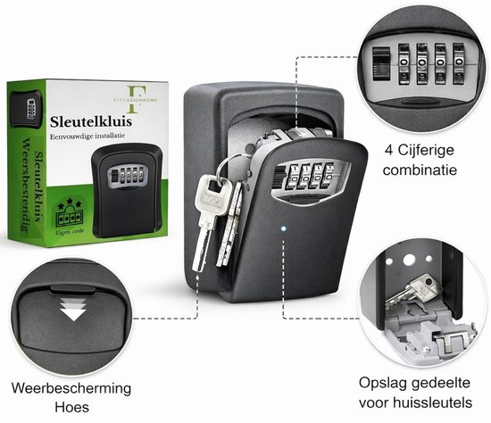 Zwarte sleutelkluis met 4-cijferige combinatie, tekst 'Sleutelkluis Weersbestendig', 'Eenvoudige installatie', 'Eigen code', '4 Cijferige combinatie', 'Weerbescherming Hoes' en 'Opslag gedeelte voor huissleutels'.