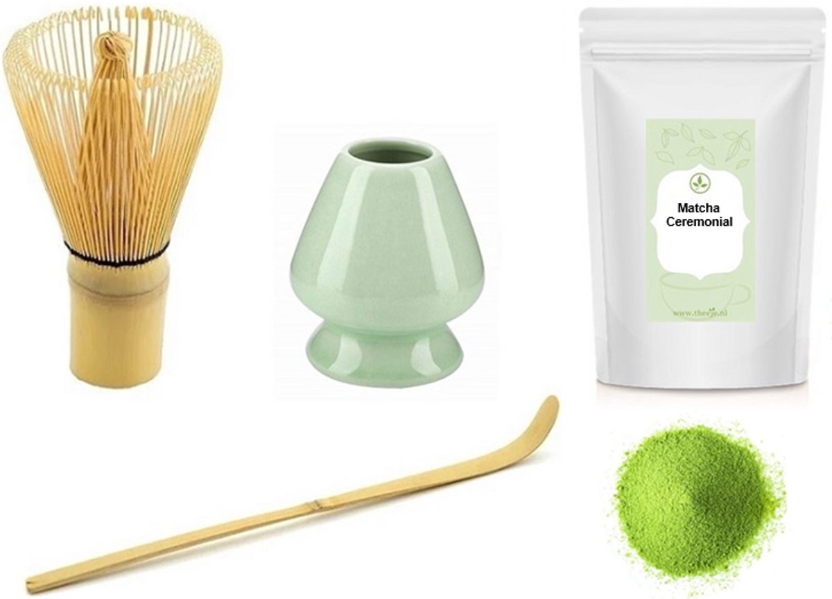 Matcha thee set compleet - Matcha Klopper & bamboe maatschep - Chasen Houder Groen - Japanse Theeceremonie - Inclusief Theeje 15 gram Japanse Matcha Ceremonial Poeder - Set van 4