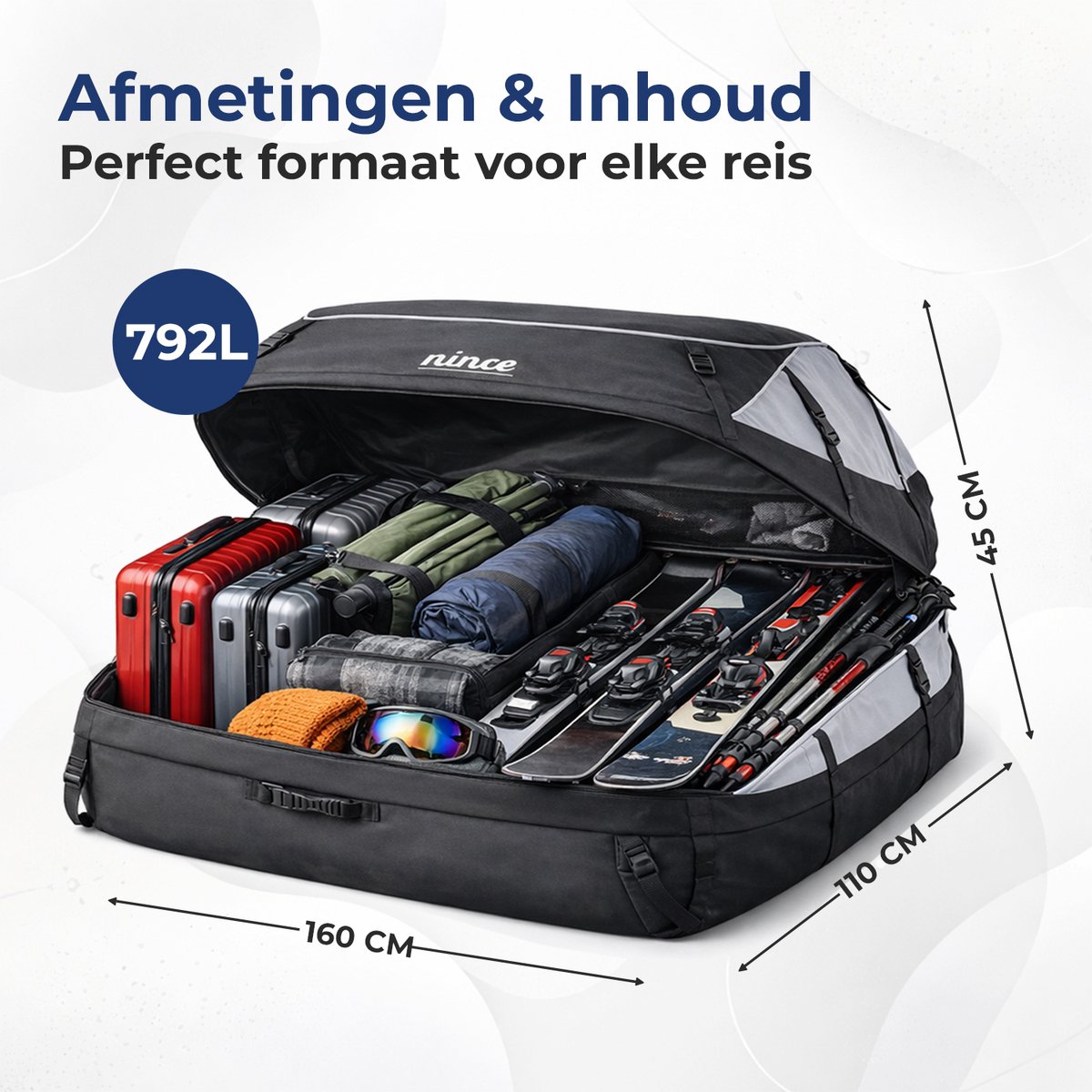Nince Dakkoffer 792L - Waterdichte Auto Daktas - Opvouwbaar - Met en Zonder Dakdragers - Oxford 900D + PVC - Zwart – foto 5
