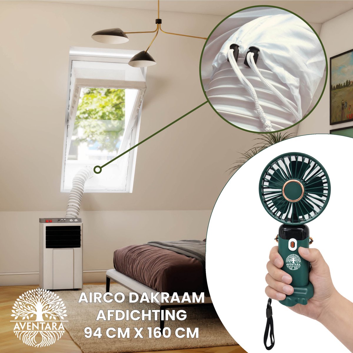Airco Dakraam Afdichting 94 x 160 cm + Handventilator – Mobiele Airco Raamafdichting Dakraam – Geschikt voor Velux PK10 (GGL 3, 410, P10) – Fakro Optilight 80