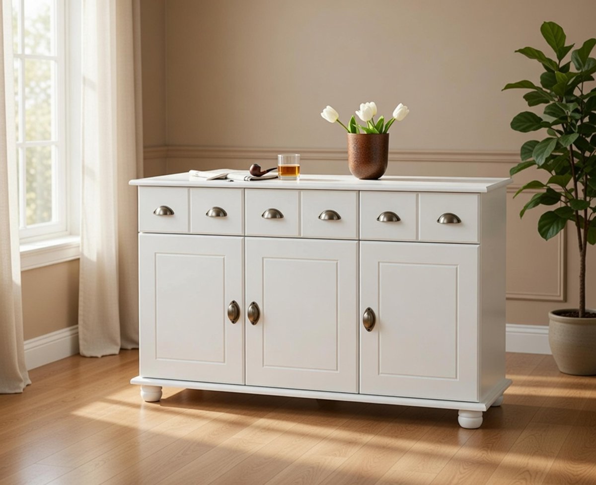 Colmar Dressoir Massief Grenen Wit – Landelijke Apothekerskast met 3 Laden en 3 Deuren – Grote Opbergruimte voor Woonkamer, Eetkamer of Hal – Multifunctionele Commode Novihome