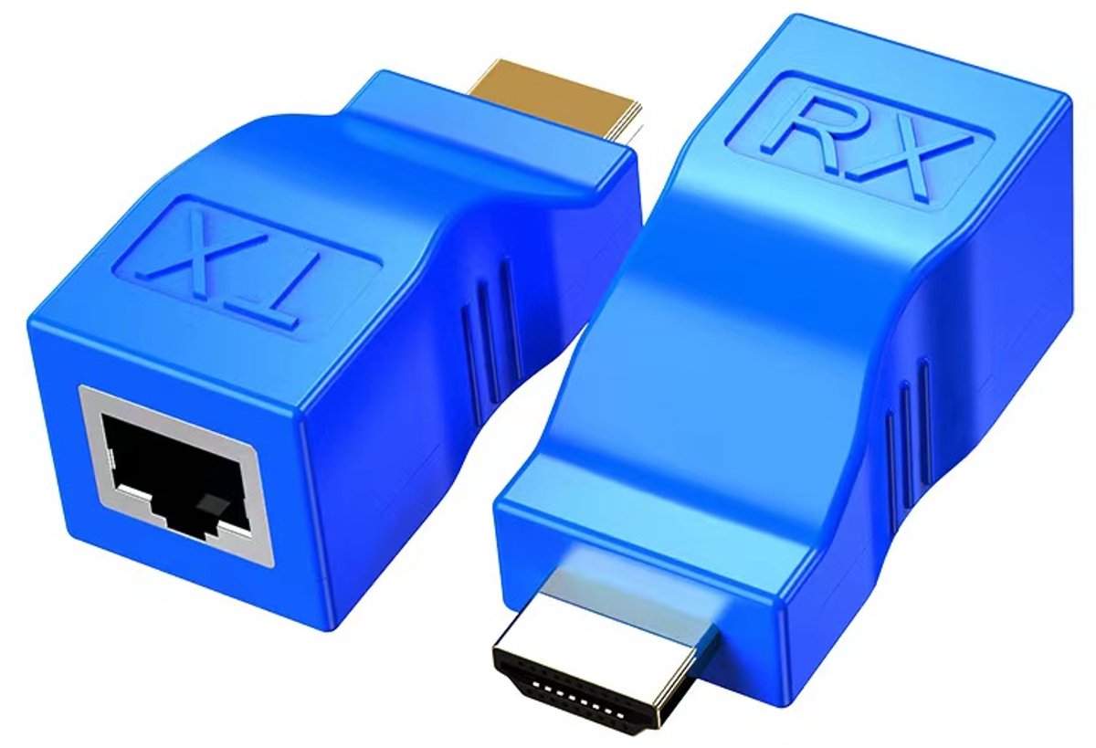 Naova® HDMI naar RJ45 Extender Set – HDMI Over Cat5e/Cat6 – 4K tot 10m / 1080P tot 30m – Zender & Ontvanger – Plug & Play – Blauw