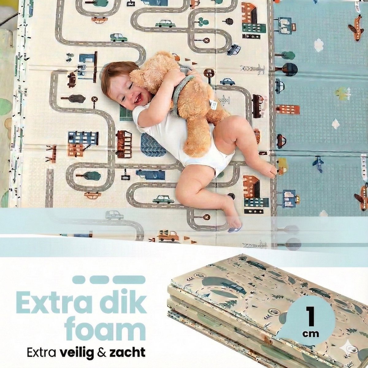 Laavir® Opvouwbare Baby Speelmat – 200x150 cm – Dubbelzijdig Auto- en Stadsontwerp – Foam Speelkleed met Opbergtas – Waterafstotend & Antislip – Blauw — afbeelding 5