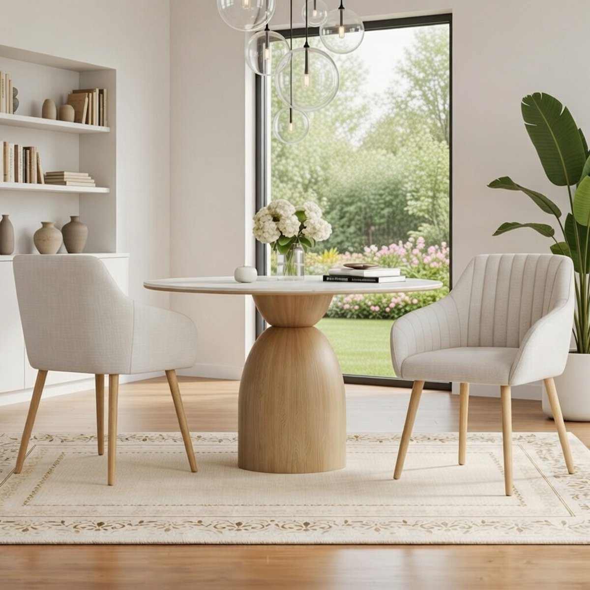 Comfortabele Beige Eetkamerstoelen met Armleuningen – Set van 4 Gestoffeerde Stoelen met Houten Poten – Ergonomische Woonkamer- en Keukenstoelen van Polyester – NOVIHOME