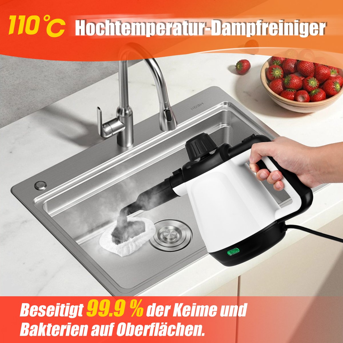 Dreamhigh® Dampfreiniger vloer 430 ml, 1200 W 3,5 bar stoomreiniger voor alles met 9 accessoires, hogedrukdampreiniging, voor het reinigen van vloeren, auto's en keukens - met werklamp thumbnail 3