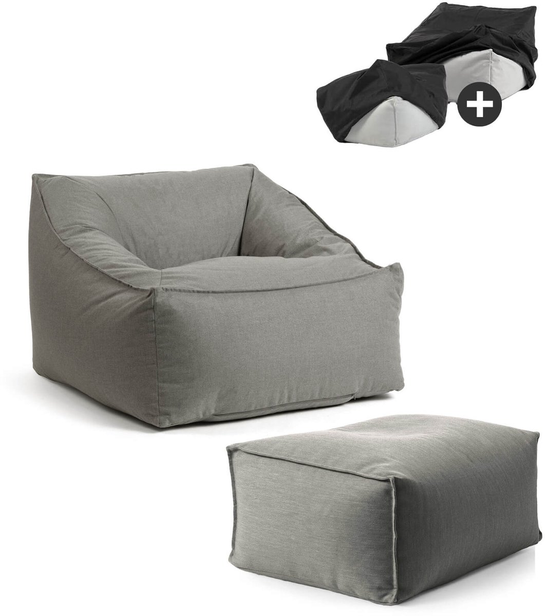 mokebo Lounge tuinstoel met hocker & beschermhoes 'Der Sunnyboy' Made in Germany, outdoor zitzak, beanbag met vulling, als ligkussen, tuinligbed, relaxstoel, vloerkussen of ligbed in Steengrijs