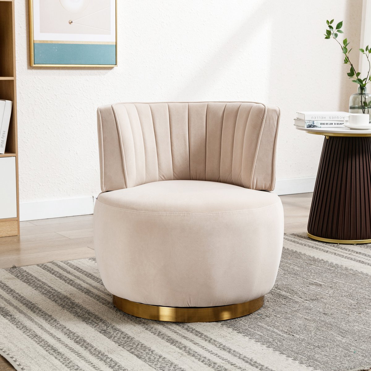HAUSS SPOLE Draaistoel – Fluweel Fauteuil – Set van 1 – 360° Draaibaar Met Ergonomische Rugsteun – Voor Woonkamer En Werkkamer – Beige
