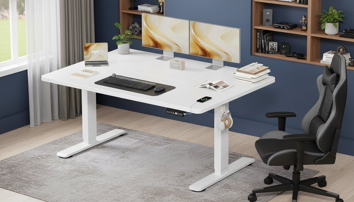Elektrisch Zit-Sta Bureau 140x70 cm – Casa Velluto Lumina SmartDesk – In Hoogte Verstelbaar Bureau met USB-aansluiting, Kabelgoot en Ergonomische Sta-Zittafel – Thuiswerk, Kantoor & Gaming – Wit Modern