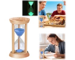 Zandloper - Houten zandloper - Valbestendige timer - Zandloper van tijd - Lichtgevend ornament - Stil stromend zand - Voor gamen, studeren, schaken, tandenpoetsen, koken en werken (Blauw - 10 minuten)