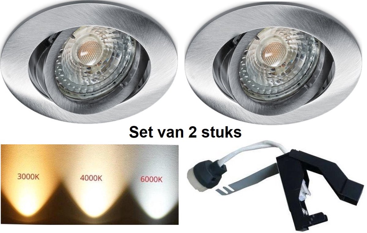 Geborsteld Aluminium Inbouwspot – Verstelbaar 30° – Incl. Dimbare GU10 LED 4000K – 4W (345 lm). 2 stuks.