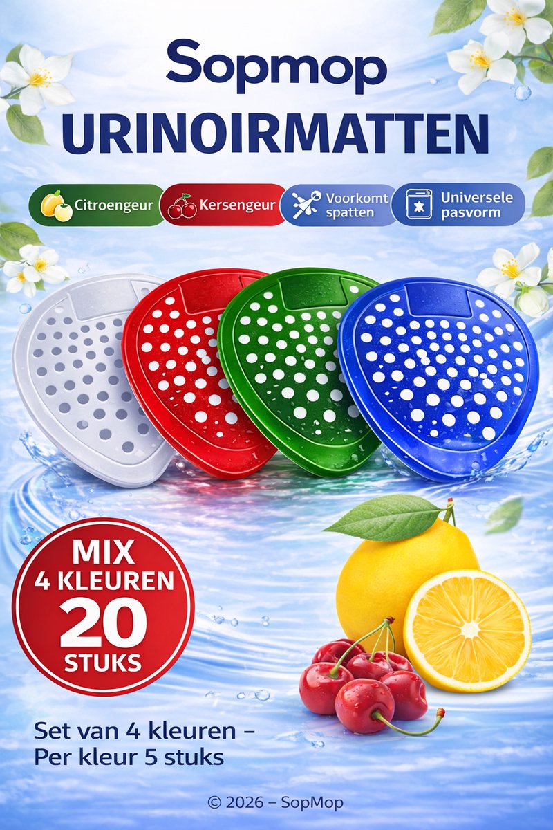 Sopmop Urinoirmatjes Mix 20 Stuks – Urinoirmatten met Citroen & Kersengeur – Universele Pasvorm – Voorkomt Spatten