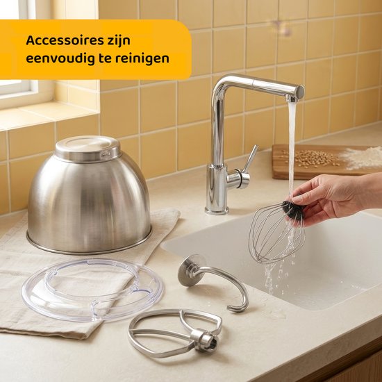 Linea Tegno Steel Mixer PRO-M7500 - Professionele Keukenmixer voor deeg, beslag, slagroom en crèmes - 1500W - Krachtige Antracietgrijze keukenmachine - Stand Mixer met 6.5L edelstalen mengkom. Krachtig, stil en eenvoudig reinigen. van Merkloos — afbeelding 4