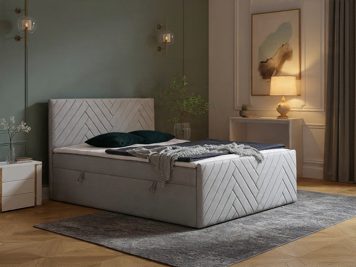 Makana Luxe Complete Boxspring Bedset 160x200 cm – Ysmée Design Bed met Pocketvering Matras (540 Veren) + Topmatras, 2 Opbergruimtes met Gaslift, Fluwelen Lichtgrijze Hotel Boxspring –Novihome