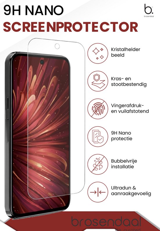 9H Nano screenprotector: kristalhelder, kras- en stootbestendig, vingerafdruk- en vuilafstotend, bubbelvrije installatie.