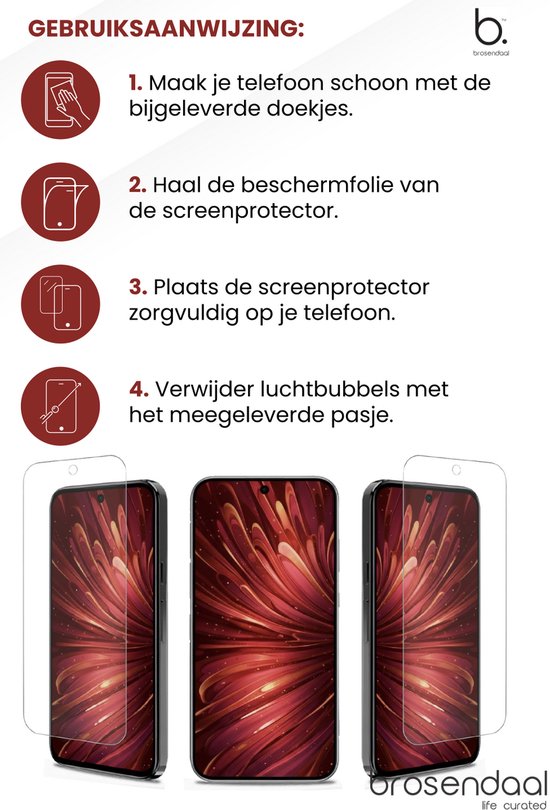 Handleiding voor het aanbrengen van de screenprotector: schoonmaken, folie verwijderen, plaatsen, luchtbellen verwijderen.