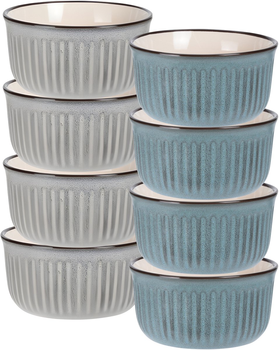Soepkom Striped - set 8x - blauw / grijs - 14 x 7 cm - keramiek - kommetjes - 500 ml