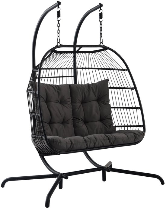 Hangstoel Breeze – 2-Persoons Hangstoel met Standaard – Opvouwbare Egg Chair voor Balkon, Tuin en Terras – Comfortabele Schommelstoel met Kussens voor Binnen & Buiten