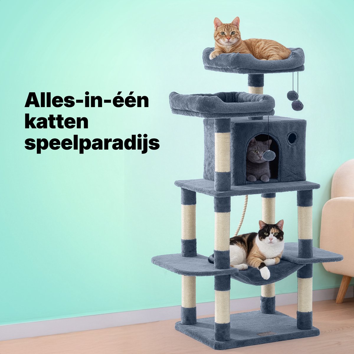 Jake and Jacky Krabpaal voor Katten - Kattenkrabpaal - Krabmeubel - Kattenboom - Krabpalen - Kattenhuis - Donkergrijs - 147 cm Hoog – foto 6
