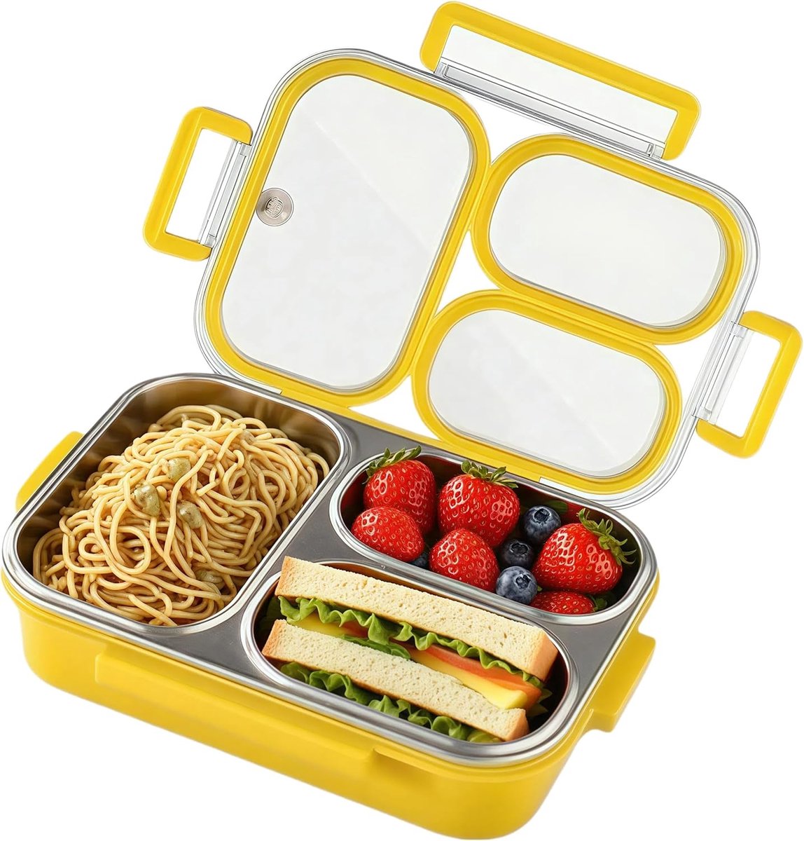Roestvrijstalen lunchbox, bentobox geschikt voor 3 compartimenten en deksel - geel