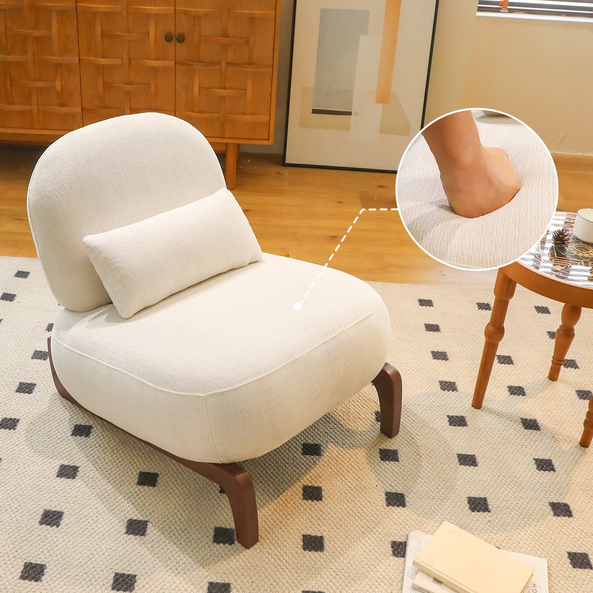 Zubaliya 1 Stuks Fauteuil Zonder Armleuning - Fluweel Softleesstoel met Houten Poten - Moderne Woonkamer Stoel voor Slaapkamer of Wachtkamer - Wit - 86.9x72.1x69.9 cm