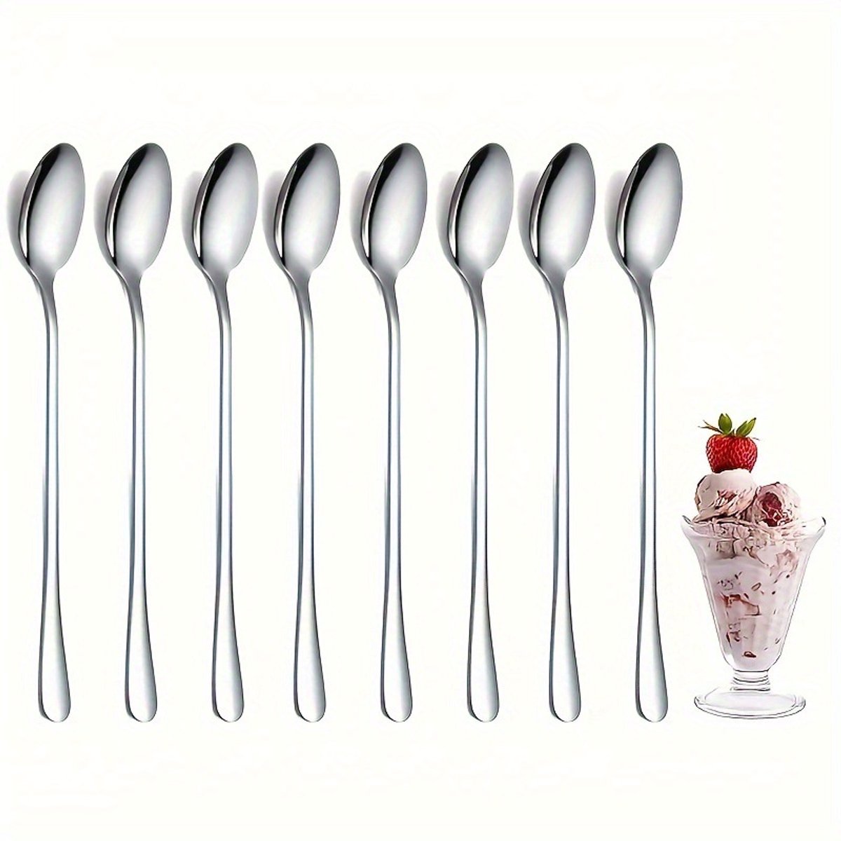 10-delige bestekset inclusief een ijstheelepel met lange steel, een roestvrijstalen koffieroerlepel en een dessertlepel met lange steel voor slagroom.