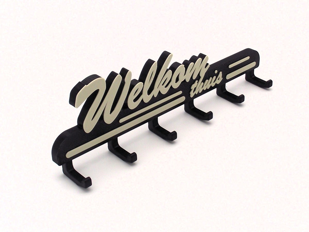Sleutelhouder Muur "Welkom Thuis" - Sleutelrekje met 6 Haken - 3D Geprint - Sleutel Organizer - Zwart/Beige