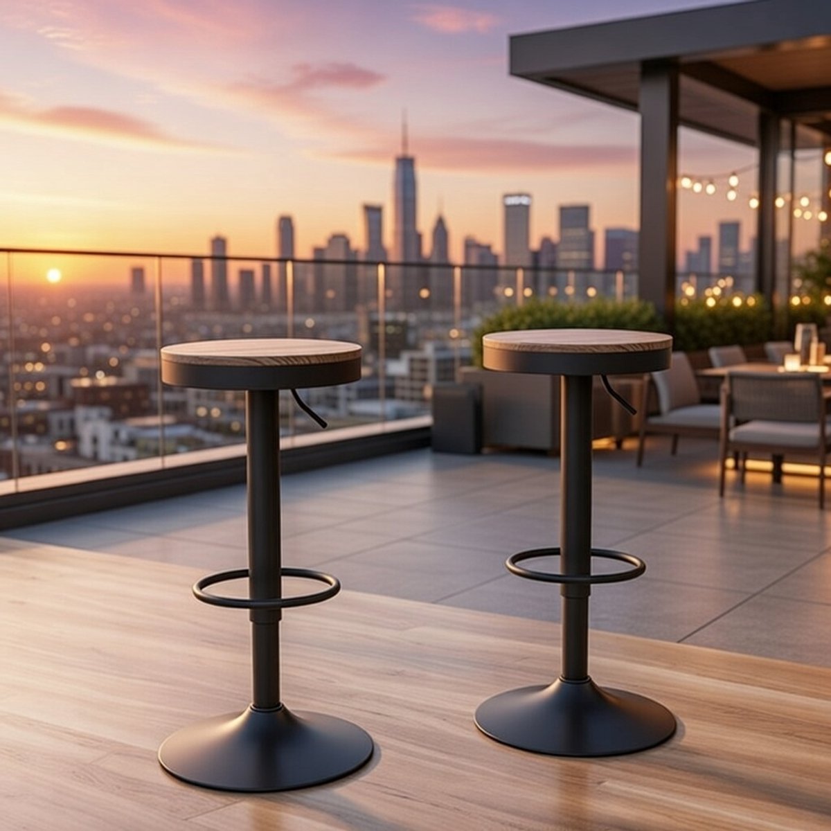 Verstelbare Industriële Barkrukken Set van 2 – Zwart Vintage Houten Keukenstoelen met Voetensteun en 360° Draaimogelijkheid – Perfect voor Keuken, Bar en Eetkamer Casa Serena – Afmetingen op aanvra...