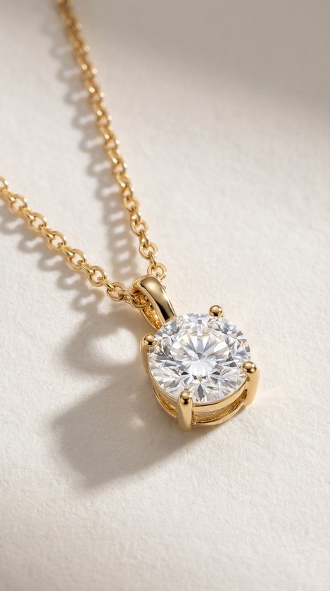 Dichtbij van een gouden ketting met een zirkonia in vierklauw zetting.