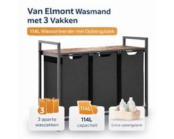 Van Elmont Wasmand 3 vakken – Wassorteerder - Wasmanden - Wasbox - 114 liter - uitschuifbaar met plank - Zwart - 92.5 x 33 x 72 cm