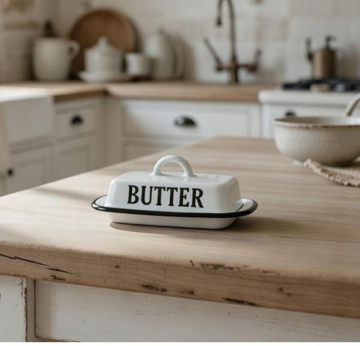 Botervloot met deksel Botervlootje Emaille Butter Opdruk Wit Zwart - Glanzend - Boterdoosje - Boterhouder - Boterschaaltje - Botertrommel - Boterrekje