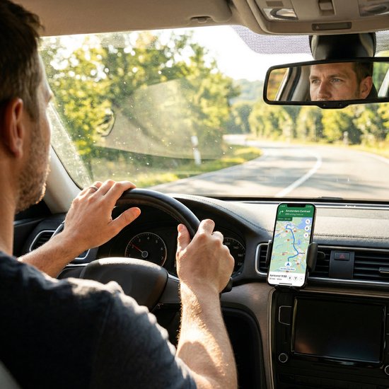 Man met handen aan het stuur in een auto, met een R2B telefoonhouder op het dashboard.
