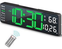 Digitale klok, decoratieve digitale wandklok voor de woonkamer, bureauwekker voor de slaapkamer, grote wandklok met afstandsbediening, LED-klok met datum-, temperatuur- en dagweergave en automatische helderheidsregeling - groen