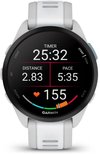 Garmin Forerunner 165 smartwatch met wit bandje, scherm toont timer 25:32, afstand 2.83, tempo 5:35, hartslag 155.