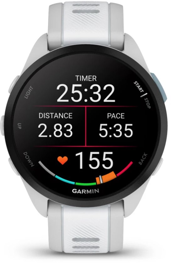 Garmin Forerunner 165 smartwatch met wit bandje, scherm toont timer 25:32, afstand 2.83, tempo 5:35, hartslag 155.