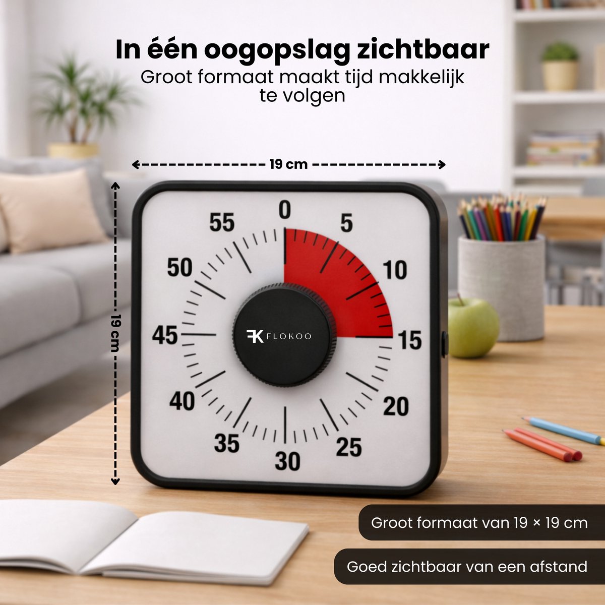 Leerklok Zwart - 19cm x19 cm - Aftelklok - Kookwekker Analoog - Leer Klok kijken — afbeelding 5