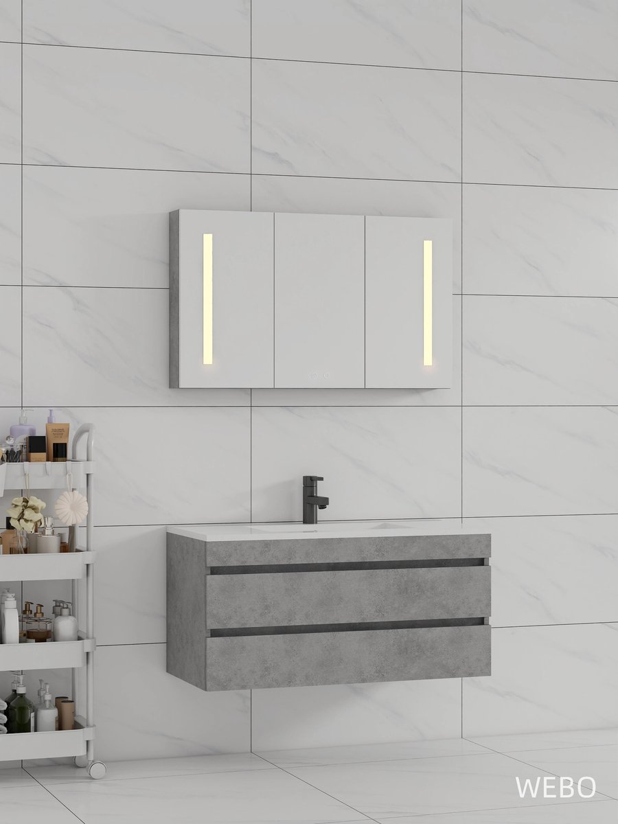 WEBO Badkamermeubel Set Paris 100cm - Grijs - Badmeubel met Spiegelkast met verlichting en Wastafel - Inclusief zwarte kraan en afvoer